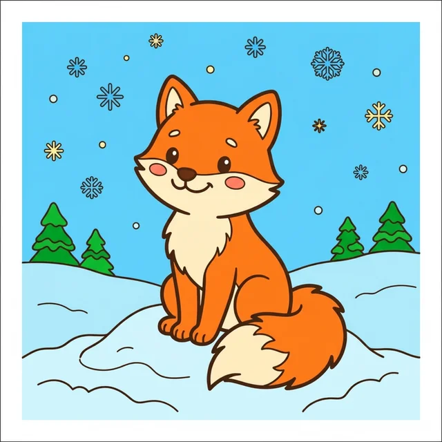 A fluffy arctic fox sitting in snow coloring page.