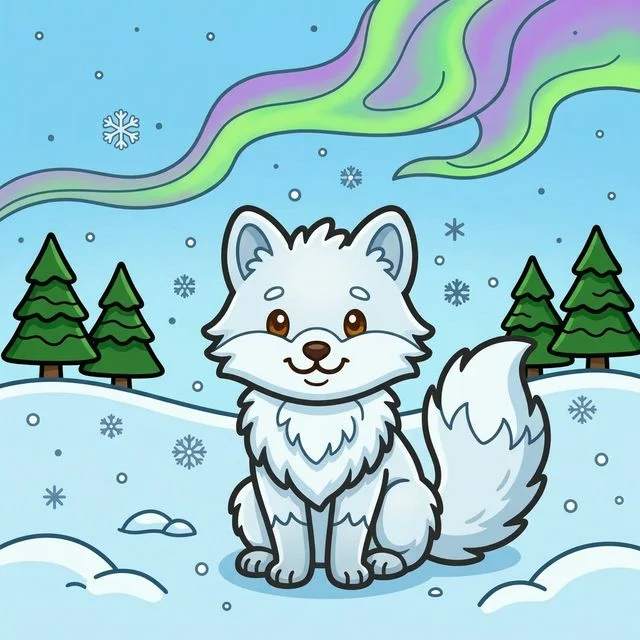 Arctic fox in snowy landscape coloring page for kids