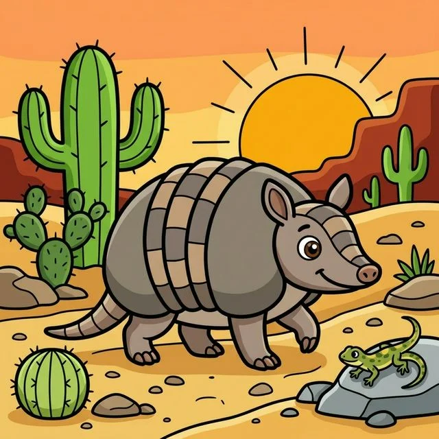 Armadillo walking in desert with cacti coloring page for kids