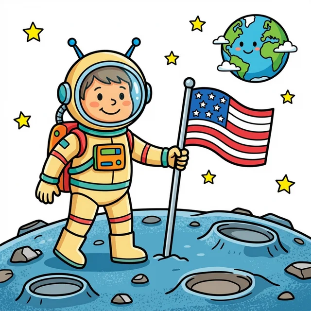 Astronaut planting a flag on the moon coloring page for kids