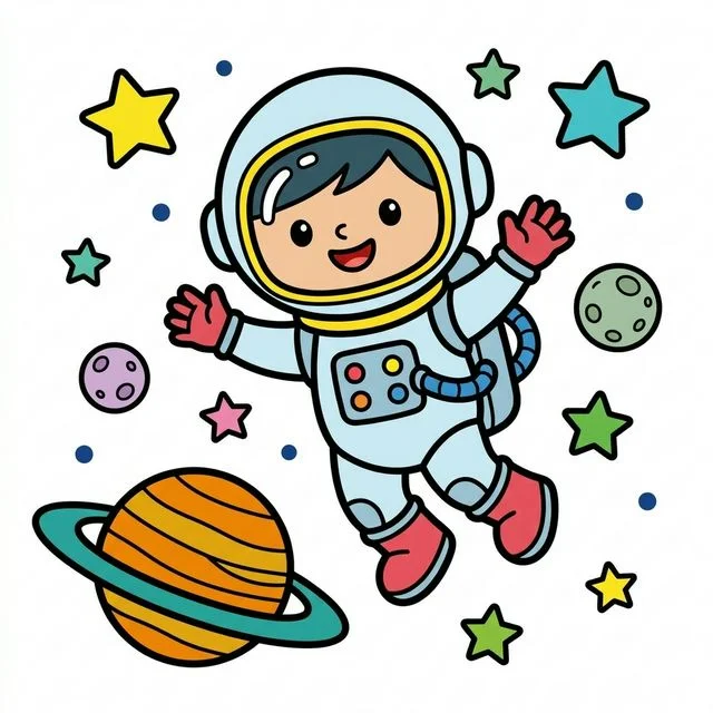 Astronaut wearing spacesuit floating in space with stars and planet coloring page for kids — free printable