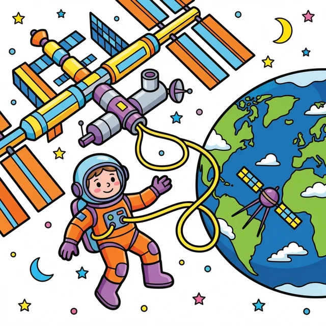 Astronaut doing spacewalk outside space station coloring page