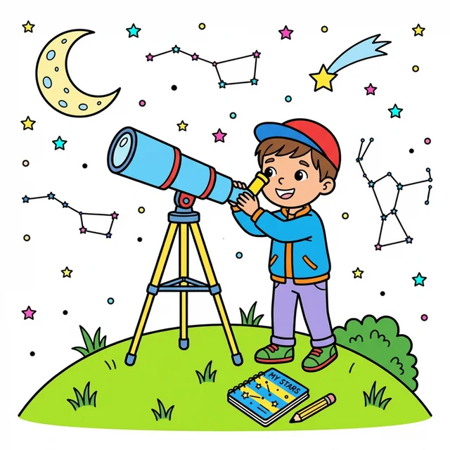 Kid astronomer looking through telescope at stars and moon coloring page