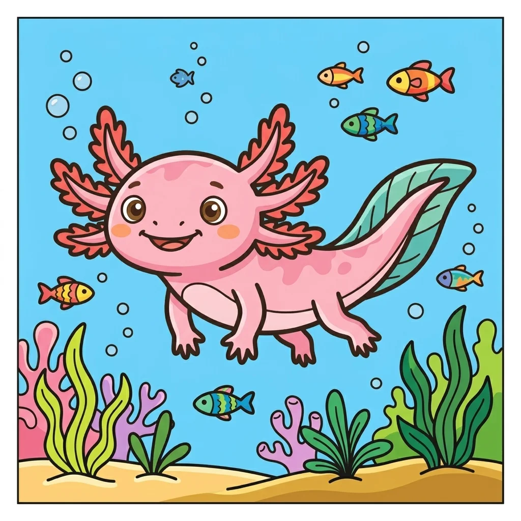 Axolotl swimming happily underwater with gills coloring page for kids - free printable