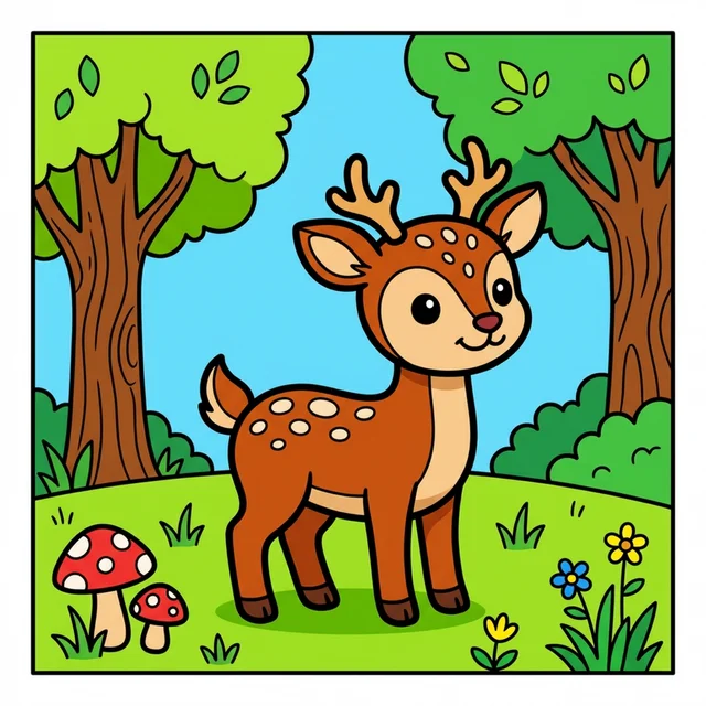 A baby deer fawn with spots in a forest coloring page.
