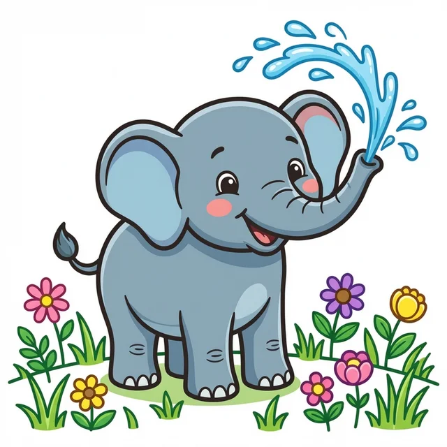 Baby elephant spraying water from trunk in flower meadow coloring page