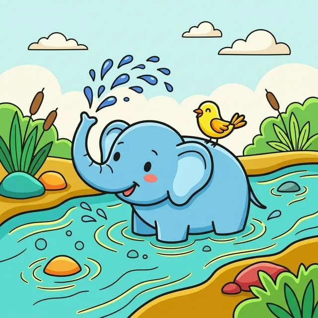 Baby elephant spraying water with trunk in river coloring page for kids — free printable