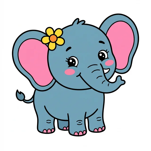 A black and white line drawing of a cute cartoon baby elephant with big ears.
