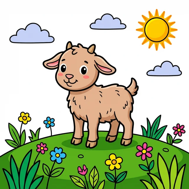 A baby goat standing on a hill with flowers coloring page.