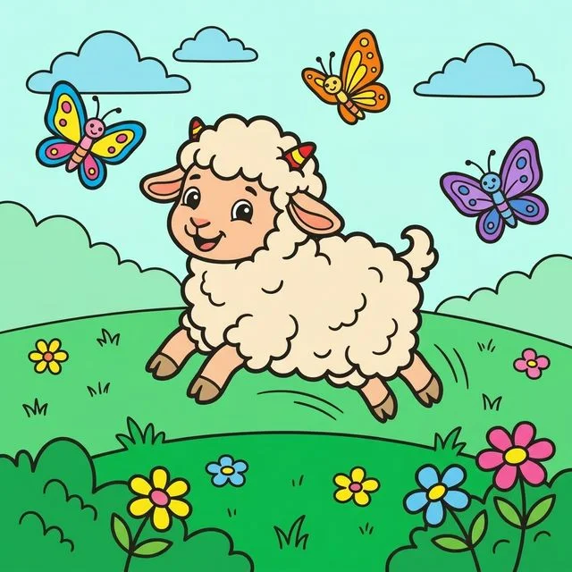Baby lamb jumping in spring meadow with butterflies coloring page for kids — free printable