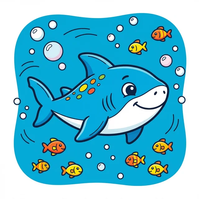 Cute baby shark swimming in ocean with fish and bubbles coloring page