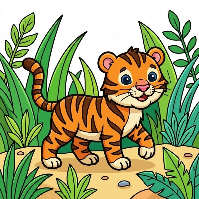 Baby tiger with stripes walking through jungle grass coloring page for kids — free printable