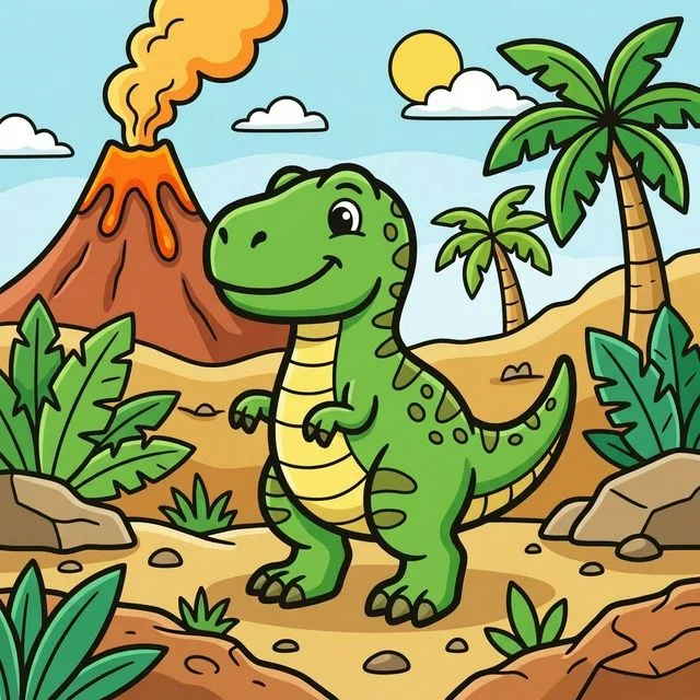 Baby T-Rex dinosaur in prehistoric jungle with palm trees and volcano coloring page for kids — free printable