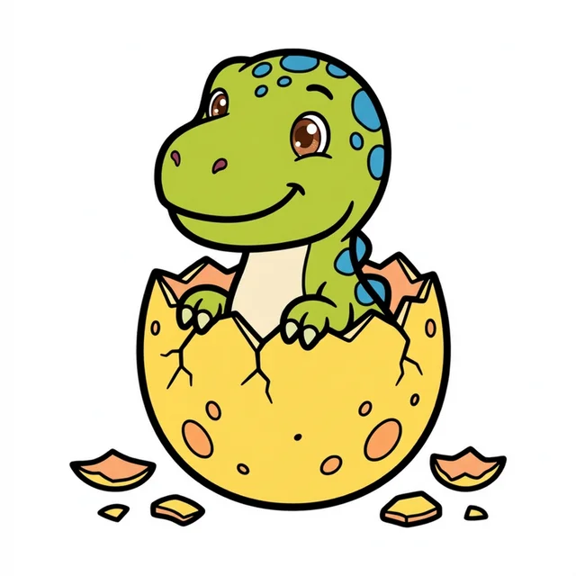 Adorable baby T-Rex hatching from egg coloring page for kids