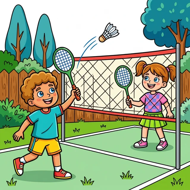 Kid playing badminton hitting shuttlecock with racket in backyard coloring page
