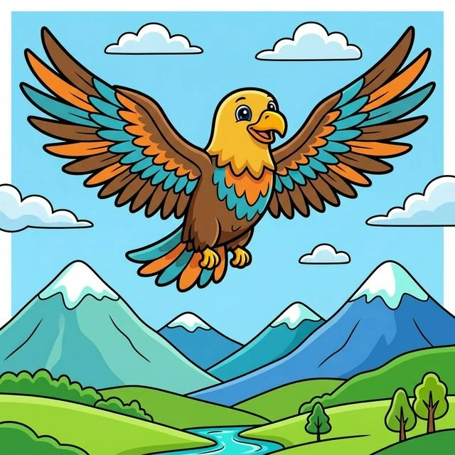 Bald eagle soaring with wings spread above mountains coloring page for kids — free printable