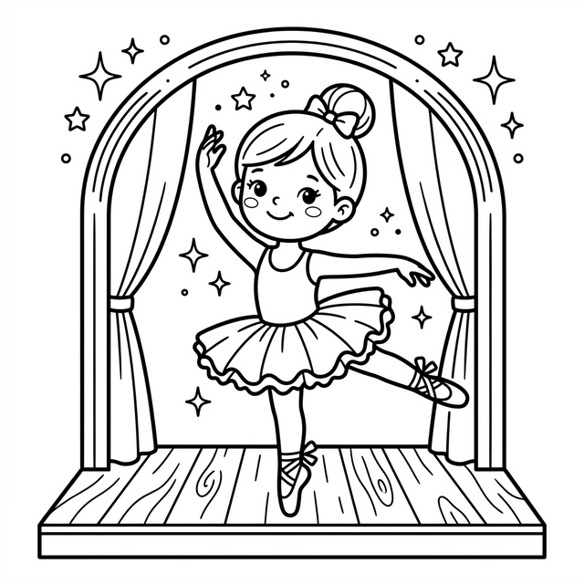 Ballerina dancing on stage coloring page for kids - B&W