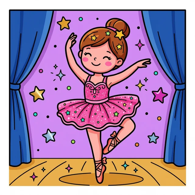 A ballerina in a tutu dancing on stage with stars coloring page.