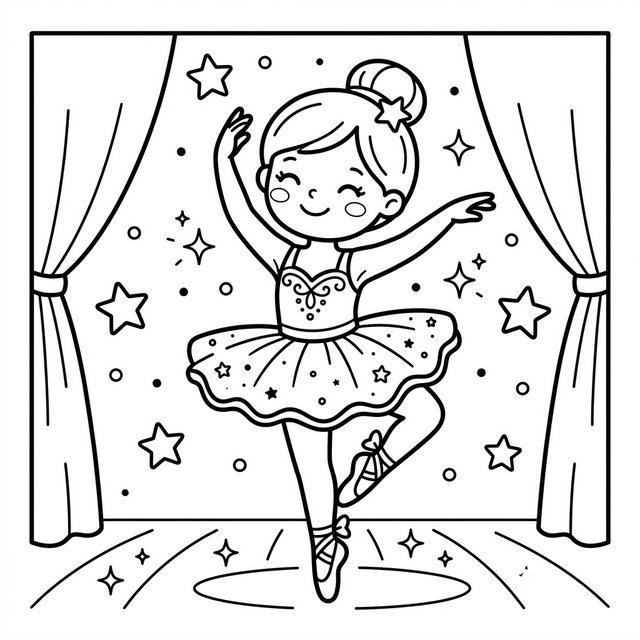 A ballerina in a tutu dancing on stage with stars coloring page.