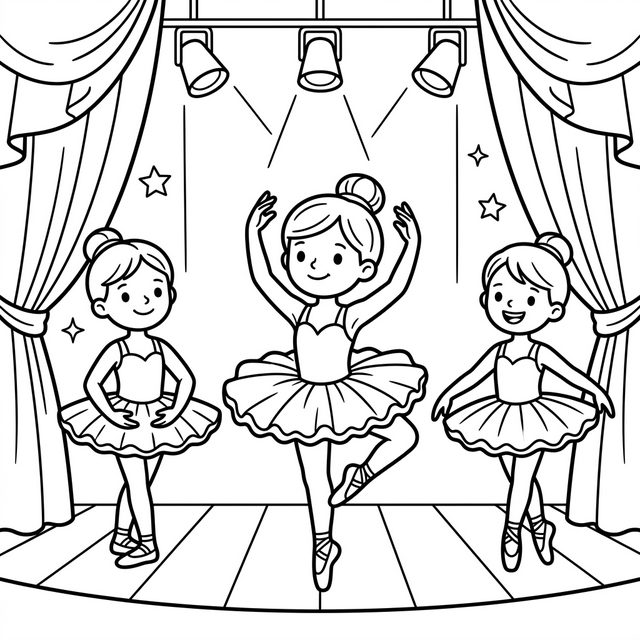 Ballerinas performing at ballet recital on stage coloring page - B&W