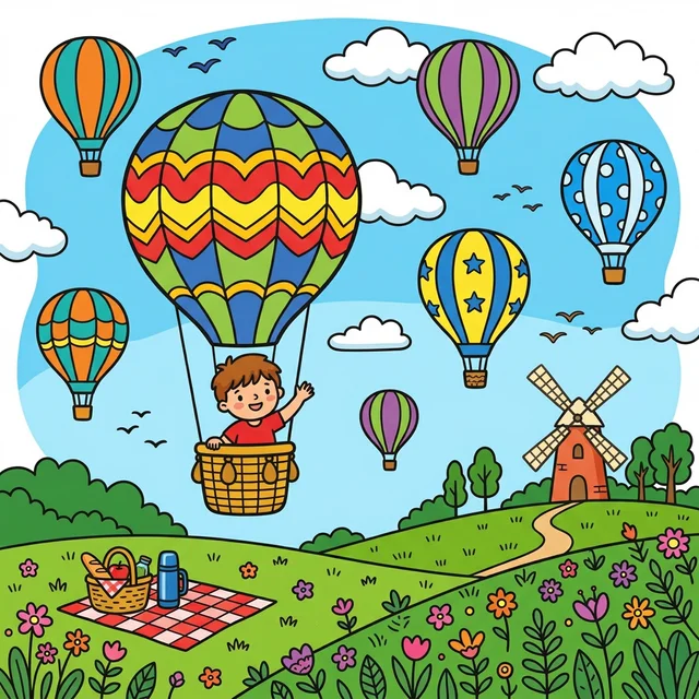 Kid waving from hot air balloon at colorful balloon festival coloring page