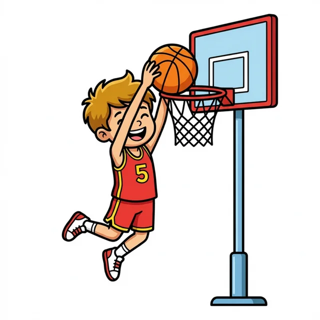 Kid jumping to slam dunk basketball coloring page