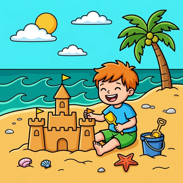 Kid building sandcastle on beach coloring page