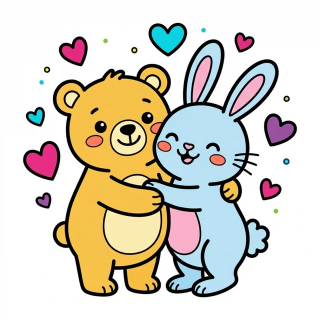 A bear and bunny hugging each other with hearts coloring page.