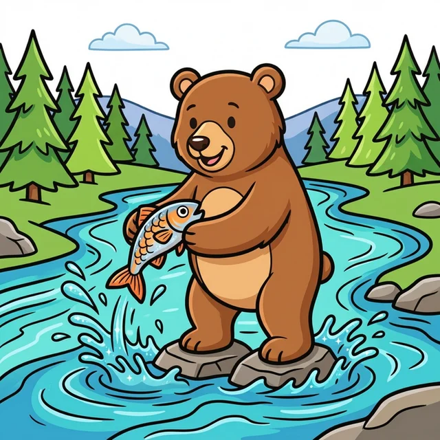 Bear catching fish in river coloring page for kids