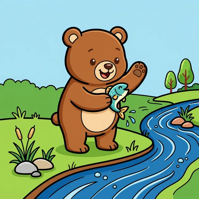Bear catching fish coloring page for kids
