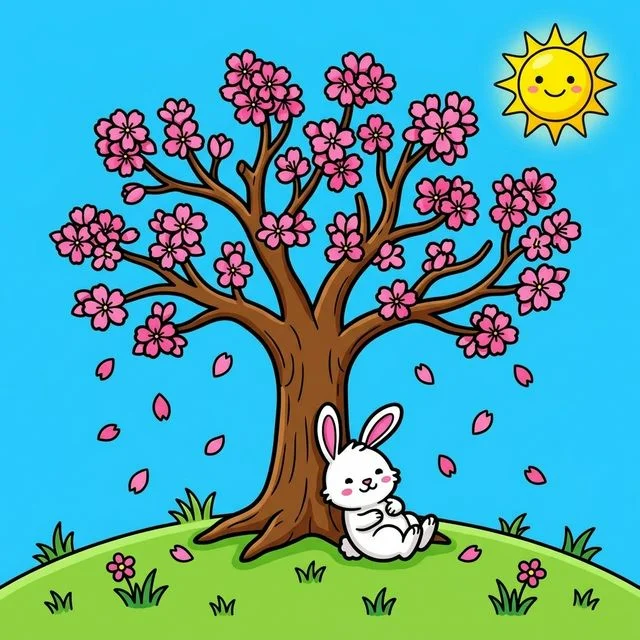 Beautiful cherry blossom tree in spring with falling petals and a cute bunny rabbit coloring page for kids