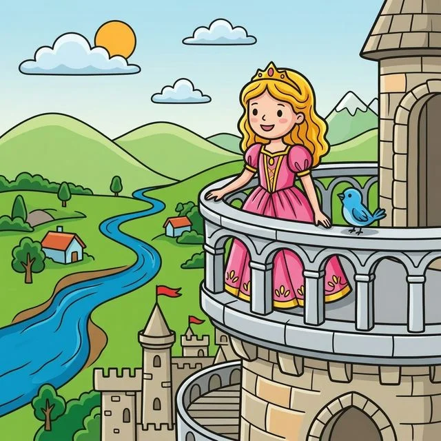 Beautiful princess on castle tower balcony looking at kingdom coloring page for kids