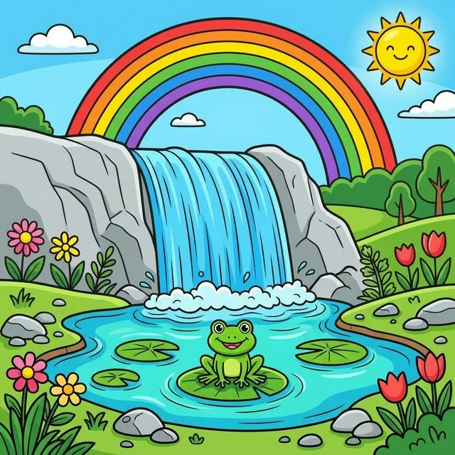 Beautiful large waterfall with a clear rainbow arching over it and a little frog coloring page for kids