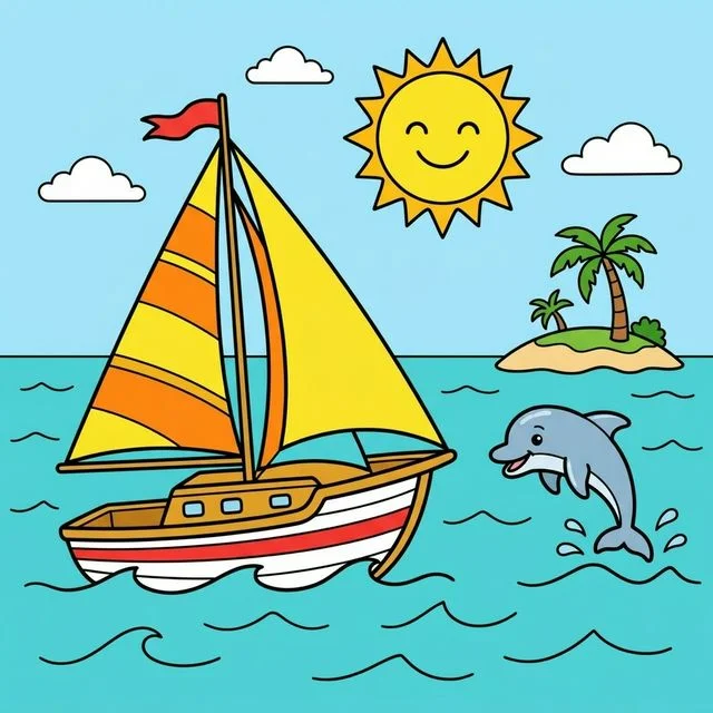 Beautiful sailboat with large sails floating on ocean near jumping dolphin coloring page for kids