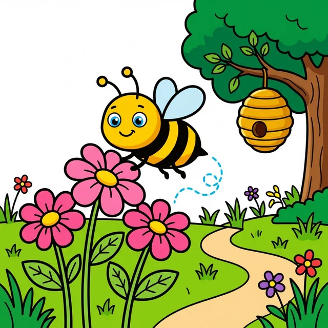Cute bee collecting honey from flowers coloring page
