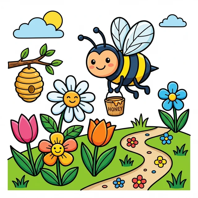Cute bumble bee collecting honey near flowers coloring page for kids