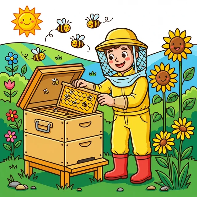 Beekeeper checking beehive with sunflowers coloring page