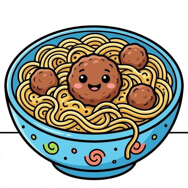 Cute cartoon big bowl of twisting spaghetti noodles warm sauce meatballs with funny smiling face coloring page for kids — free printable