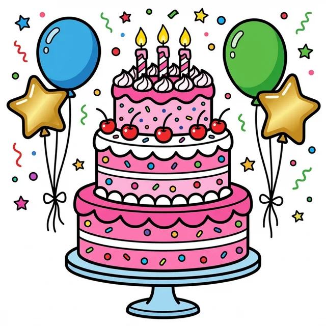 Three-tier birthday cake with candles balloons and confetti coloring page