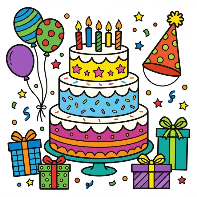 Birthday cake with candles balloons and confetti coloring page