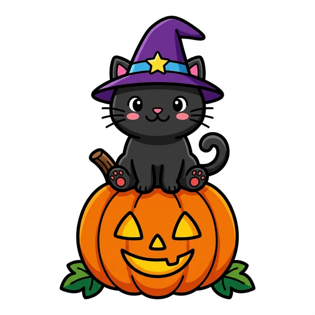 A black cat on a pumpkin with a witch hat coloring page.