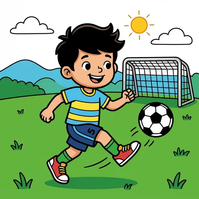 Boy kicking soccer ball on field coloring page for kids
