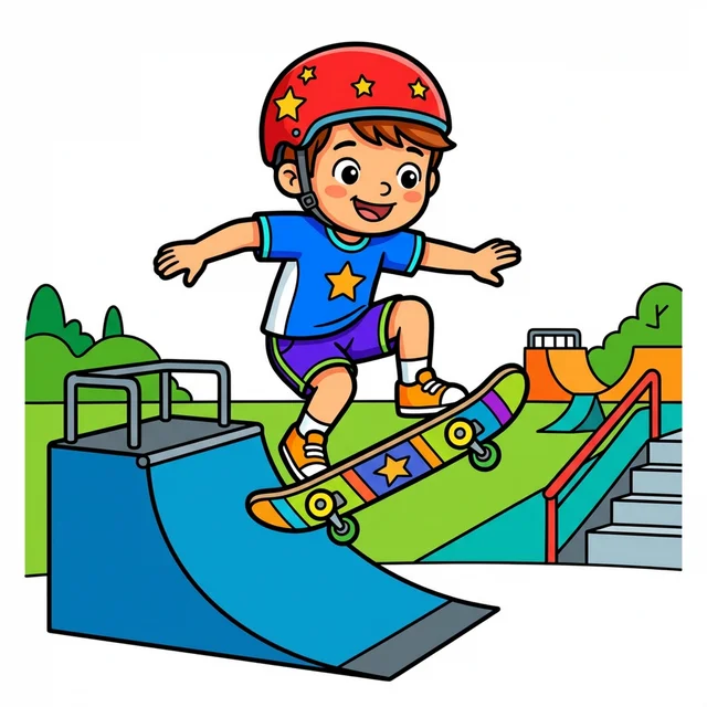 Cool boy doing skateboard trick coloring page for kids