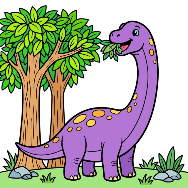 Cute brachiosaurus eating leaves from tall trees coloring page for kids