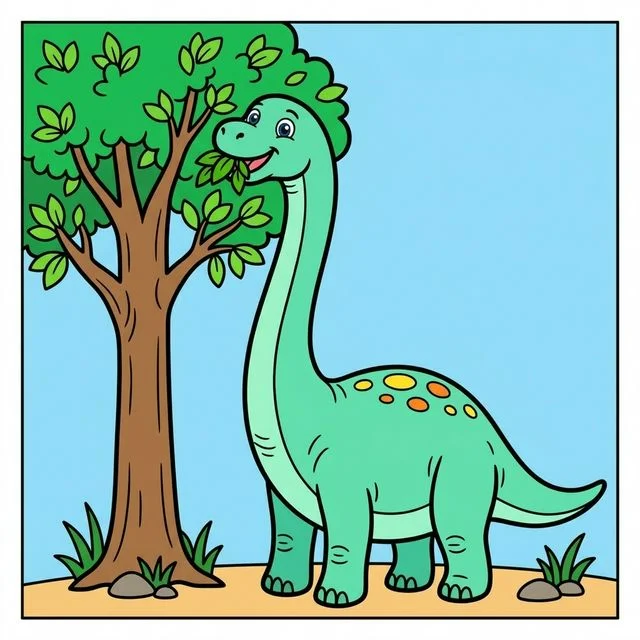 Brachiosaurus with long neck eating leaves from tall tree coloring page for kids — free printable