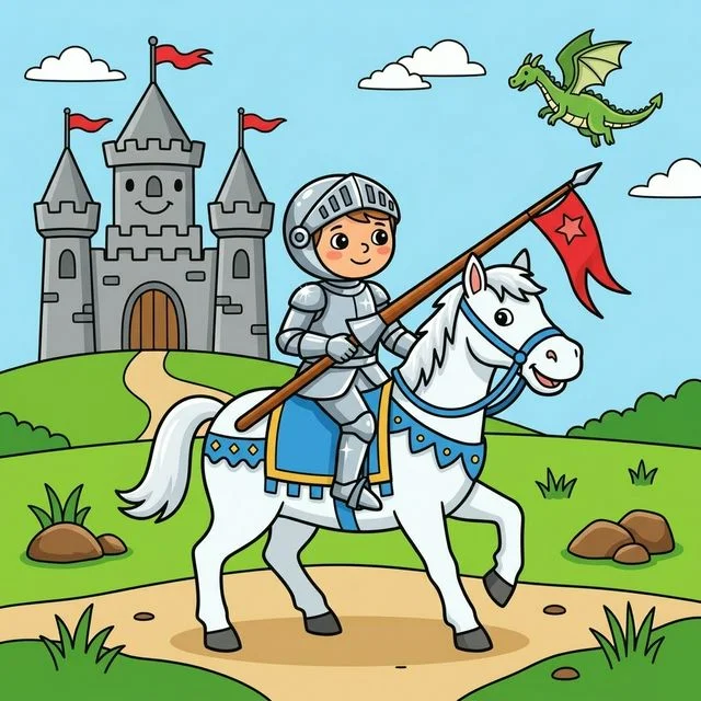 Brave knight in armor riding horse and jousting near castle coloring page for kids