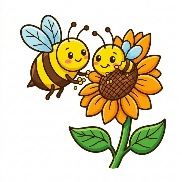 Bumblebee with stripes collecting pollen from sunflower coloring page for kids — free printable