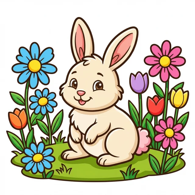 Cute bunny rabbit in flower garden coloring page for kids