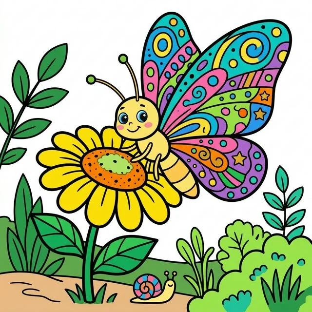 Butterfly with big patterned wings on flower in garden coloring page for kids — free printable