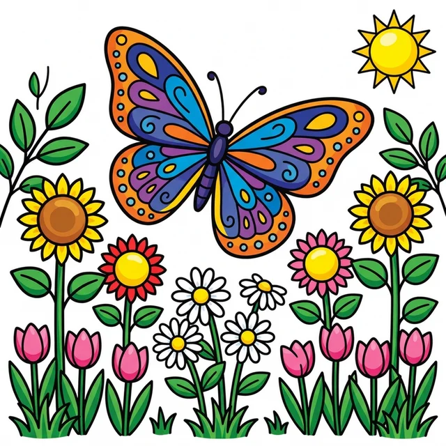 Large butterfly with detailed wings over flower garden coloring page